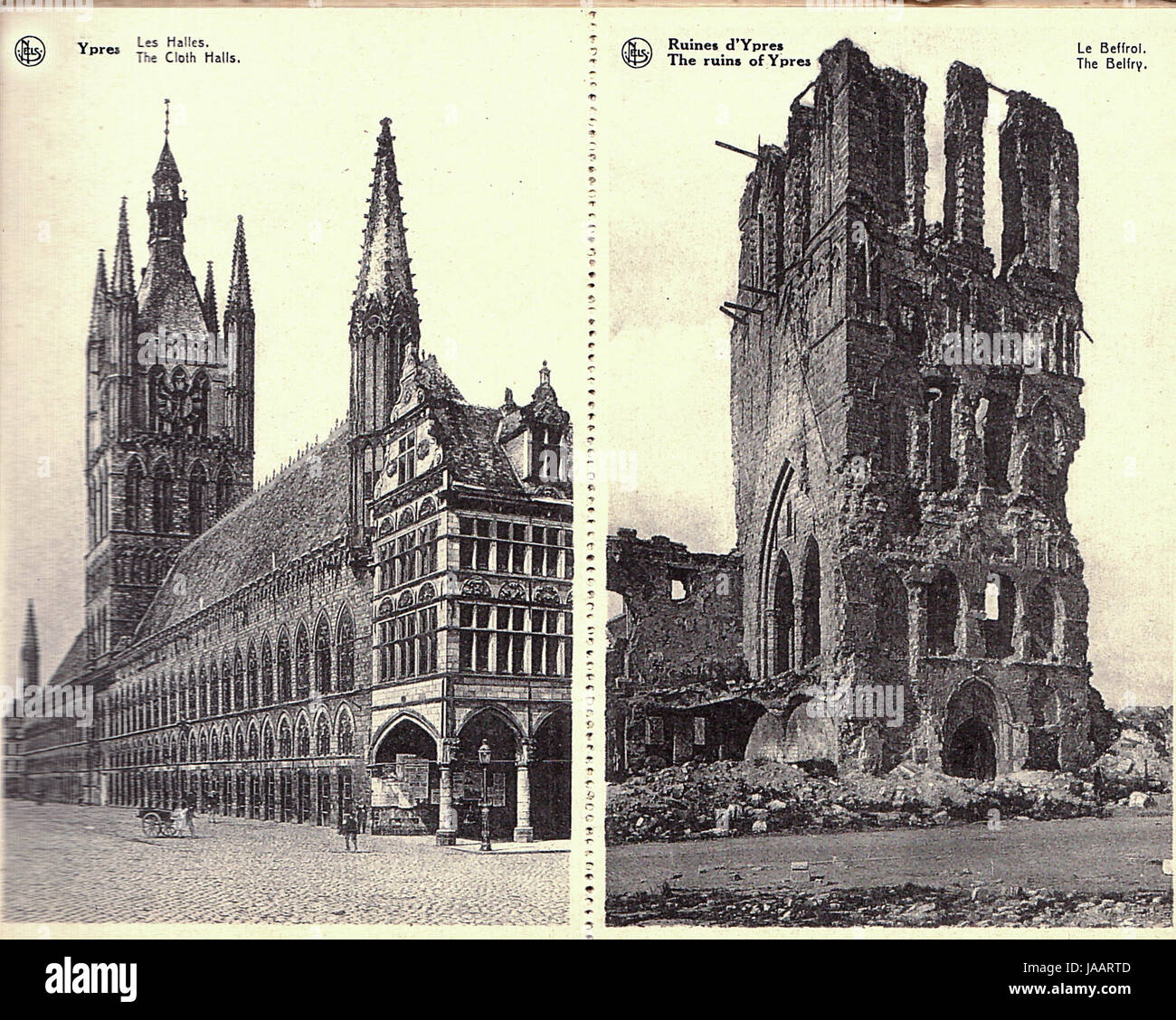 Erster Weltkrieg Artillerie Zerstörung der Ypern - vor & nach Bilder veröffentlicht 1920: Tuchhallen & Glockenturm Stockfoto