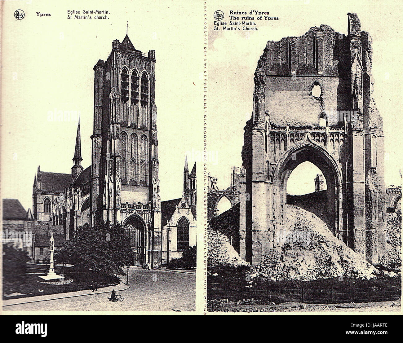 Erster Weltkrieg Artillerie Zerstörung der Ypern - vor & nach Bilder veröffentlicht 1920: St.-Martins-Kirche Stockfoto