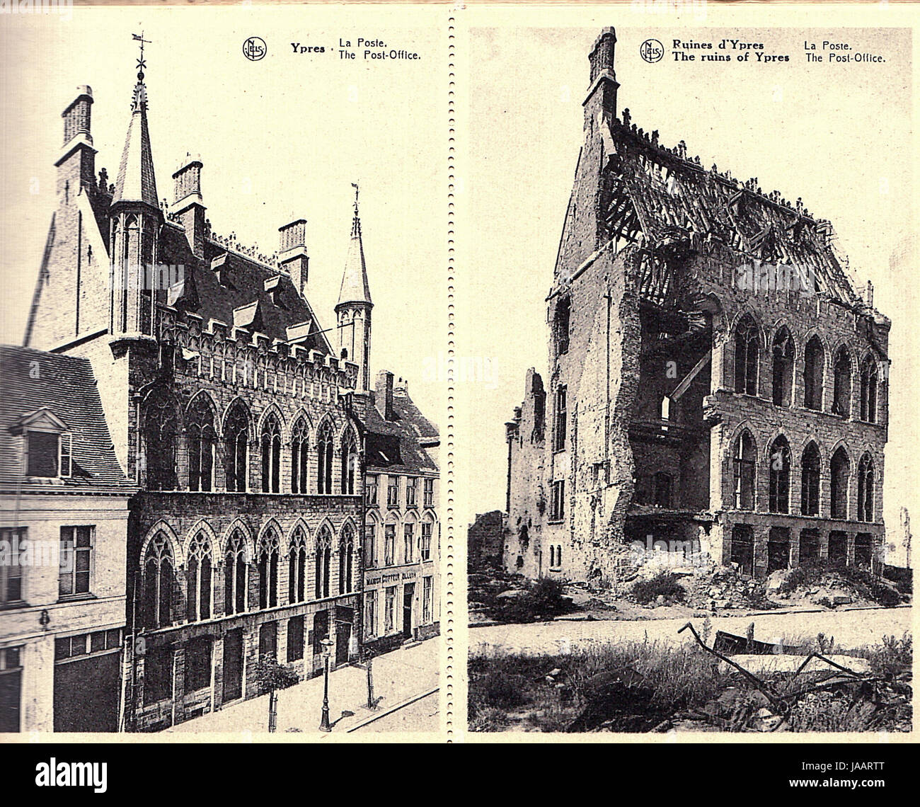Erster Weltkrieg Artillerie Zerstörung der Ypern - vor & nach Bilder veröffentlicht 1920: die Post Stockfoto