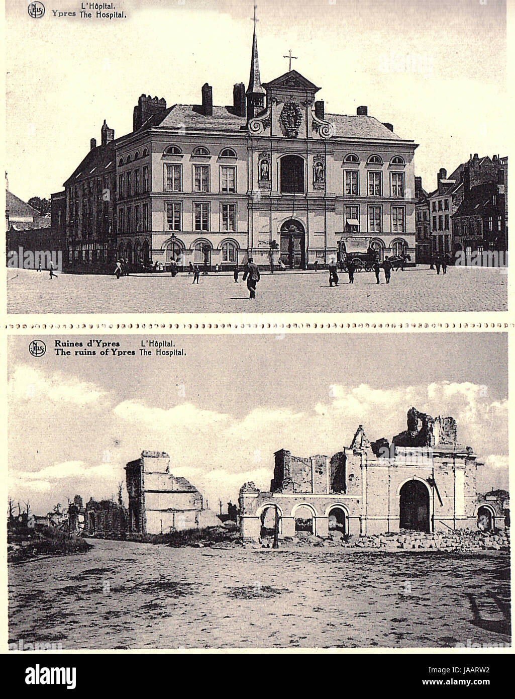 Erster Weltkrieg Artillerie Zerstörung der Ypern - vor & nach Bilder veröffentlicht 1920: Krankenhaus Stockfoto