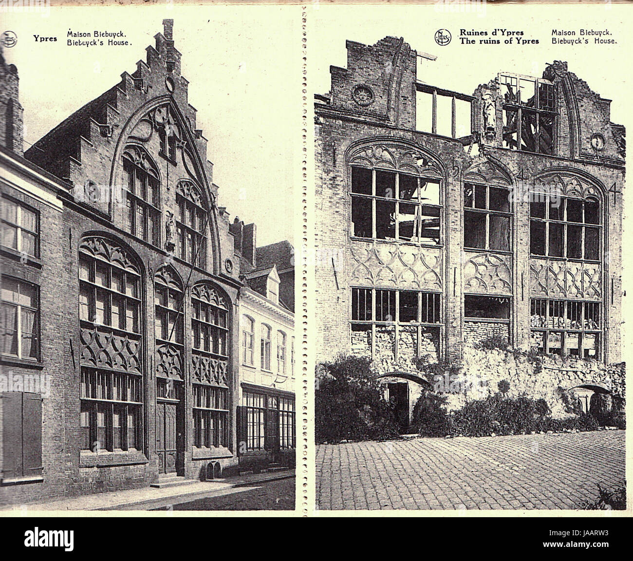 Erster Weltkrieg Artillerie Zerstörung der Ypern - vor & nach Bilder veröffentlicht 1920: Biebuyck Haus Stockfoto
