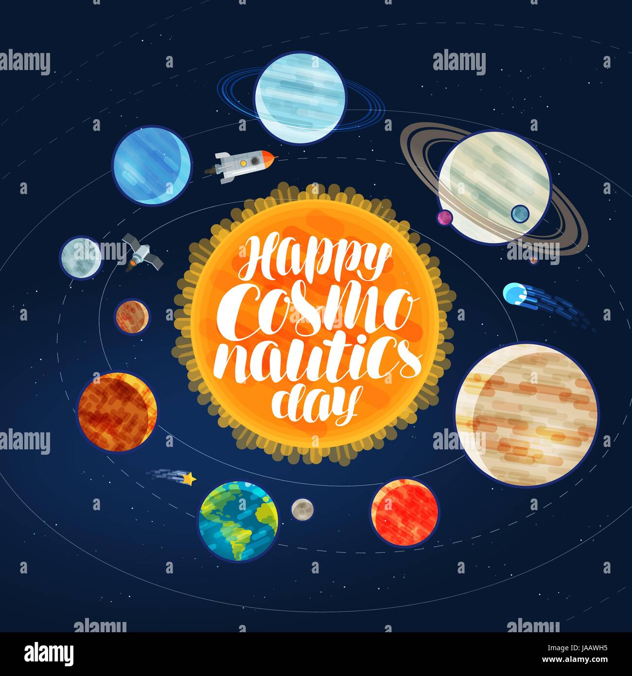 Glücklich Kosmonautik Tag, Banner. Äußeren Raum, Kosmos, Galaxie, Planeten und Sterne-Konzept. Cartoon-Vektor-illustration Stock Vektor