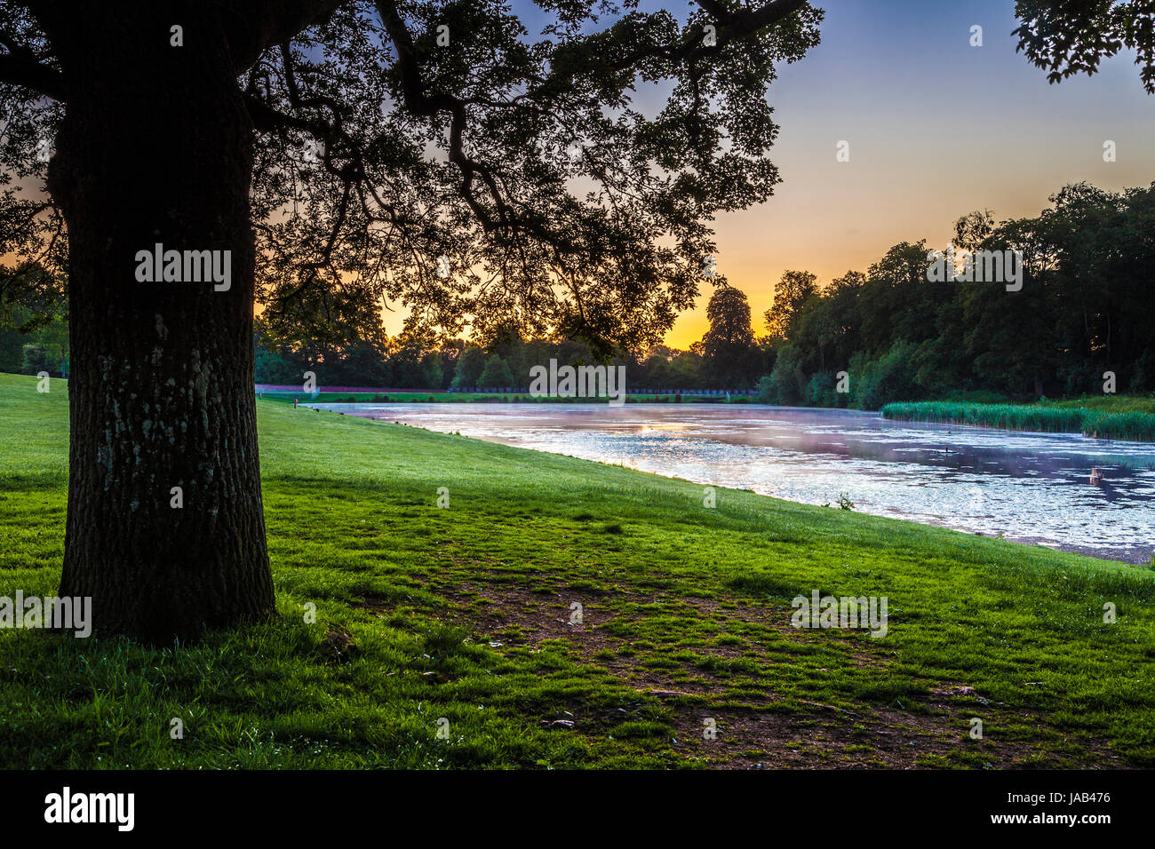 Ein Sommer Sonnenaufgang über dem See bei Lydiard Park in Swindon, Wiltshire. Stockfoto