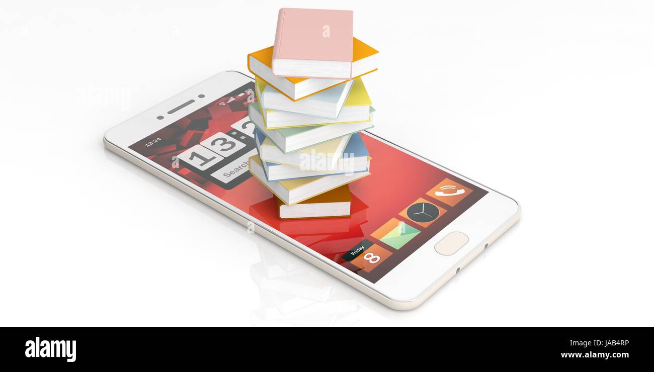 E-Learning-Konzepts. Bücher gestapelt auf einem Smartphone auf weißem Hintergrund. 3D illustration Stockfoto