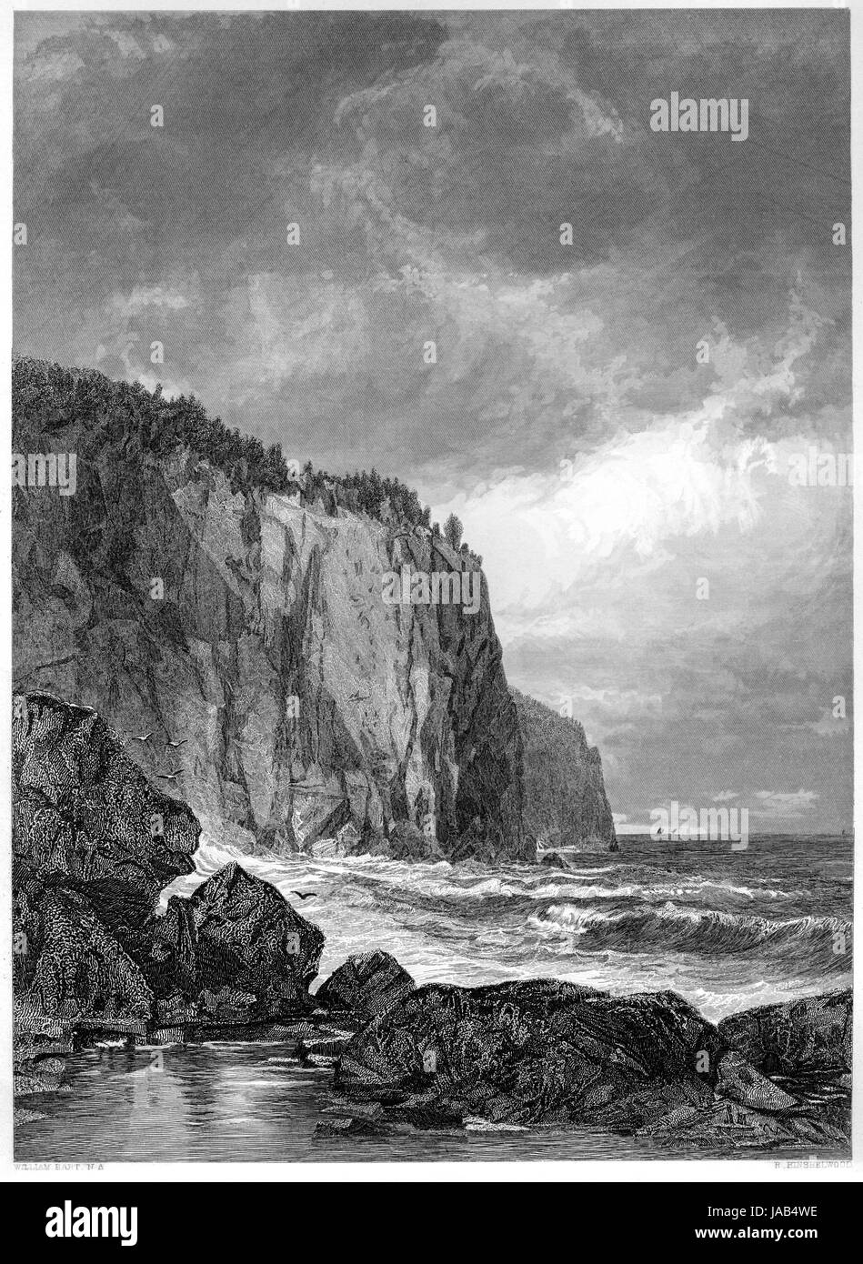 Eine Gravur des Lake Superior (Eingang zur Taufe Bay) mit hoher Auflösung aus einem Buch gescannt, gedruckt im Jahre 1872. Kostenlos copyright geglaubt. Stockfoto