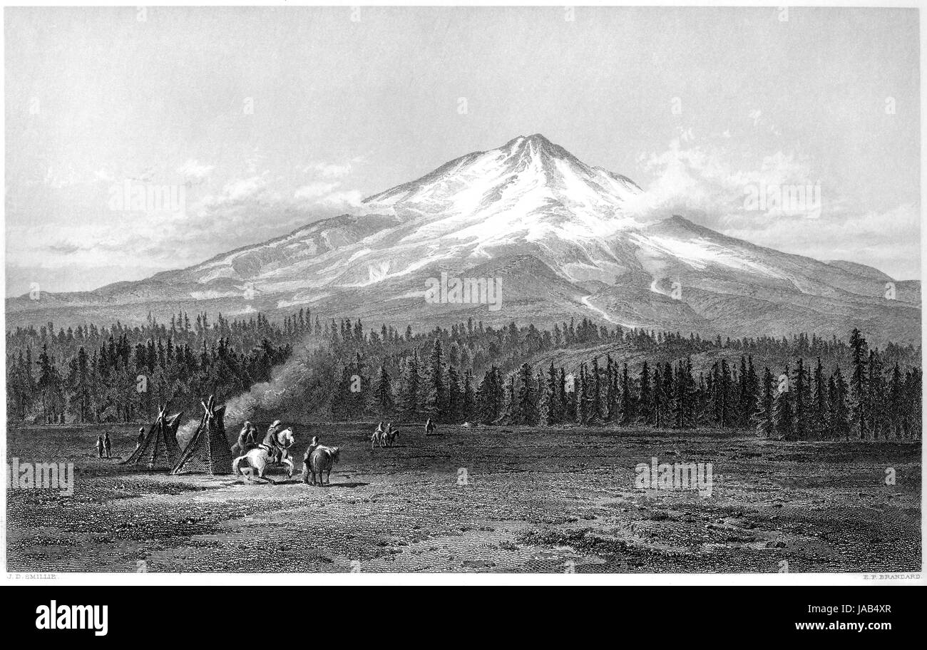 Eine Gravur des Mount Shasta in hoher Auflösung aus einem Buch gescannt gedruckt im Jahre 1872.  Kostenlos copyright geglaubt. Stockfoto
