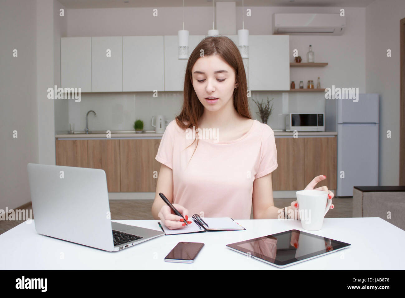 Unternehmer-Frau arbeitet mit einem Laptop zu Hause Stockfoto