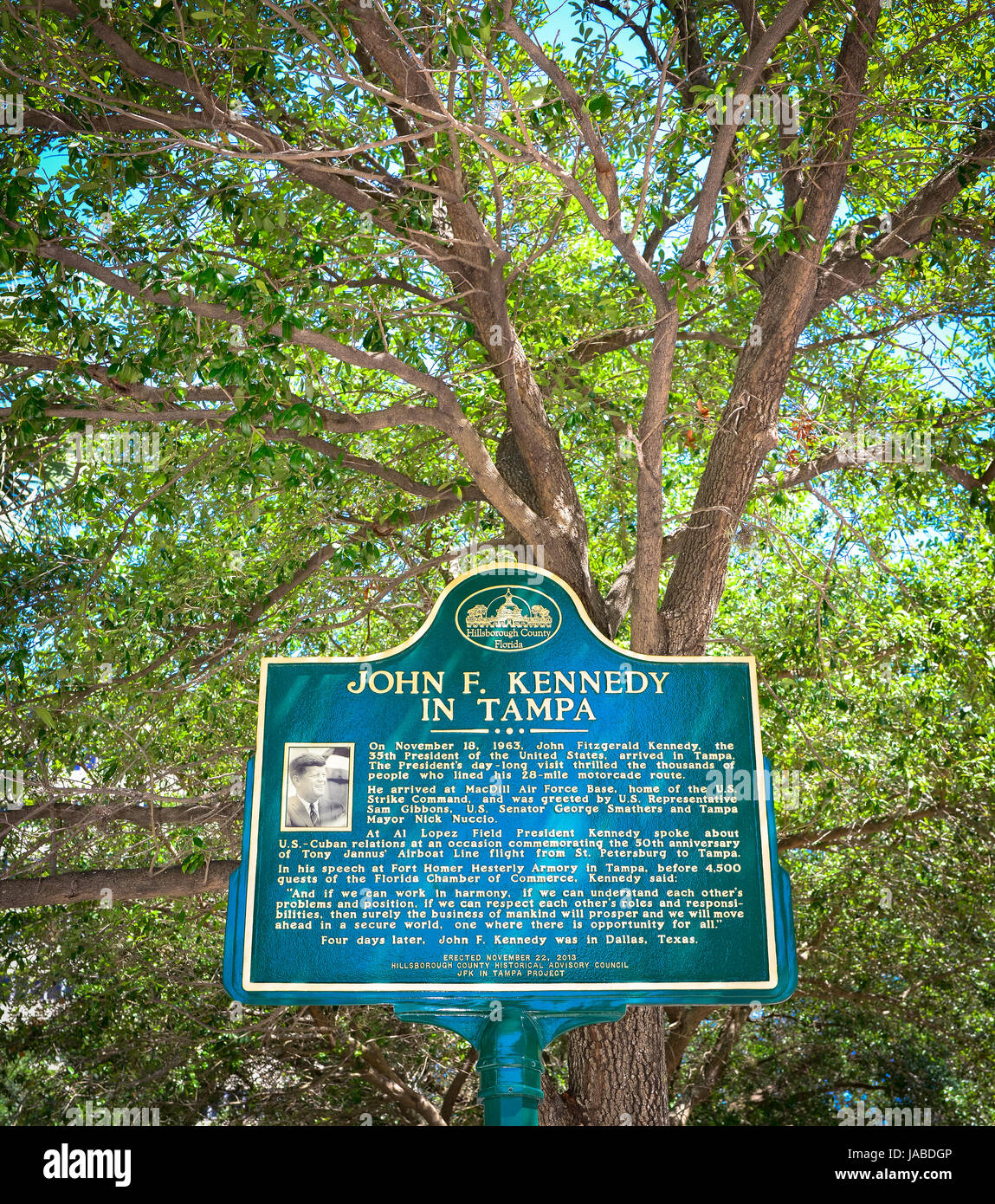 Kennedy in Tampa historischen Zeichen in Innenstadt Park erinnert, dass Tampa, FL JFKs letzte Station vor Dallas 1963 war. Stockfoto
