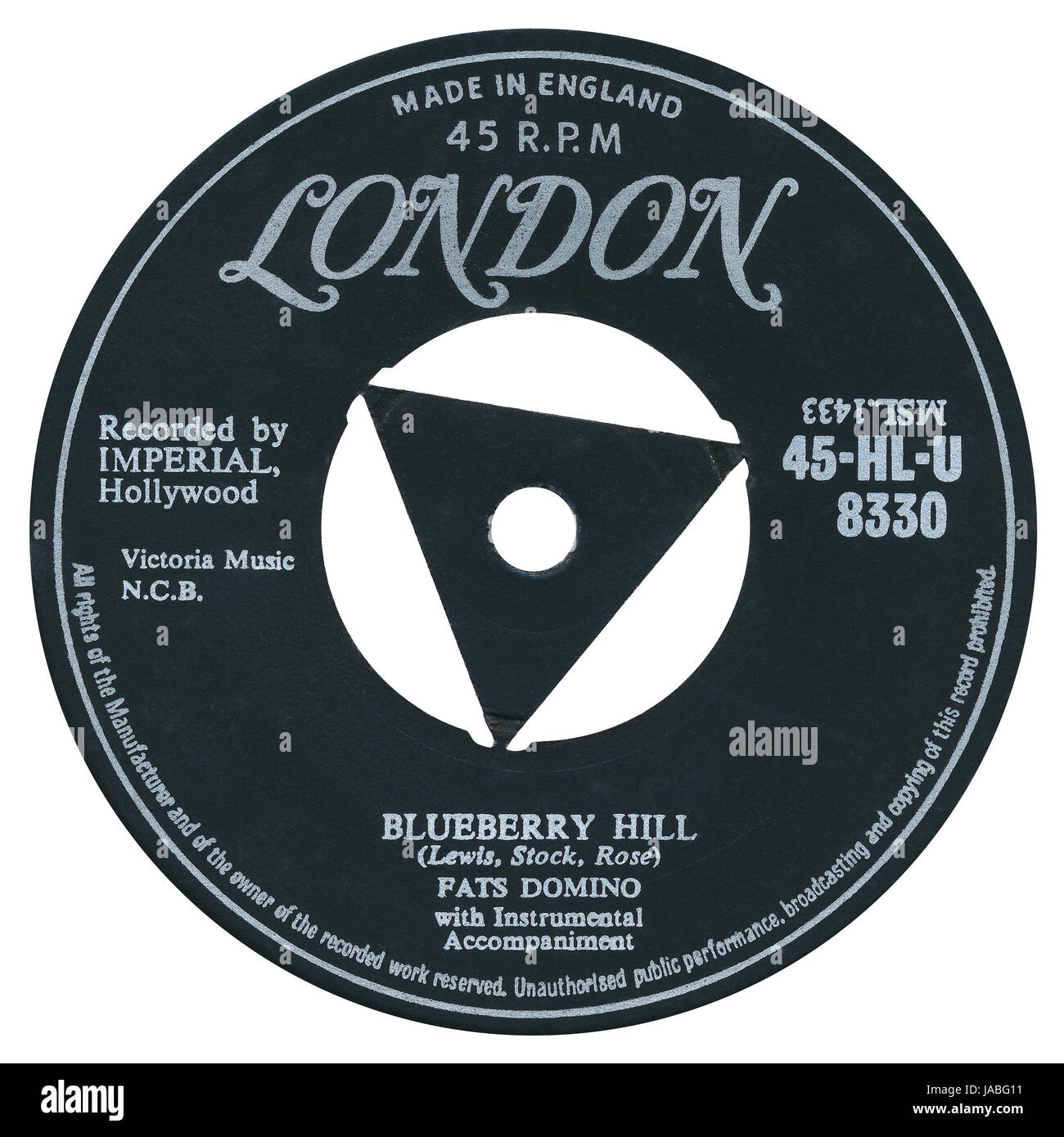 45 u/min 7' UK Plattenlabel von Blueberry Hill von Fats Domino auf das Londoner Label aus dem Jahr 1956. Stockfoto