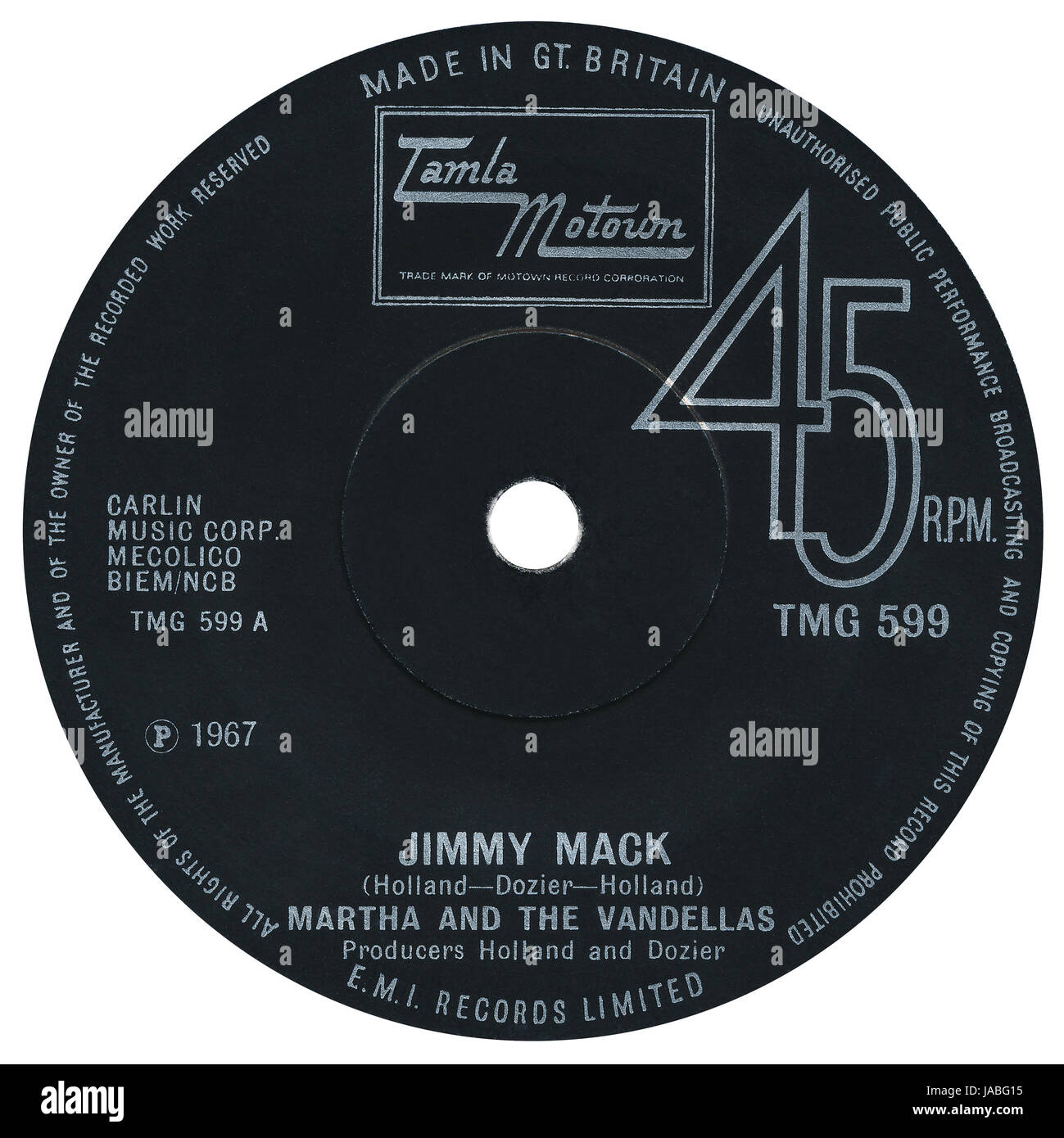 45 u/min 7' UK Plattenlabel von Jimmy Mack von Martha und das Vandellas auf dem Tamla Motown-Label von 1967. Stockfoto