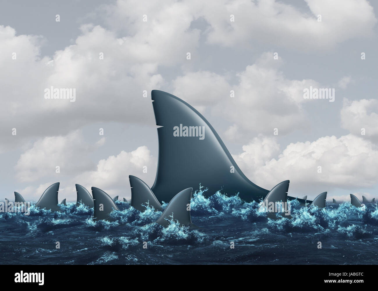 Große Fische Konzept Business Metapher als eine Gruppe von kleineren Haien wird überschattet von einem riesigen herrschsüchtig Hai als Symbol für Stärke. Stockfoto