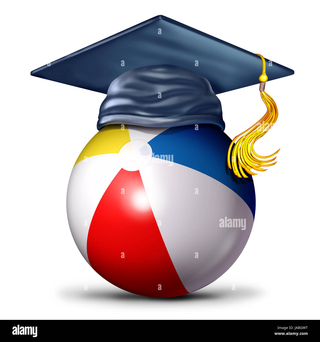 Summer School Symbol als ein Beach-Ball mit einem Mörtel Cap als ein Bildungs- und lernen während der Sommer-Symbol als eine 3D Darstellung. Stockfoto