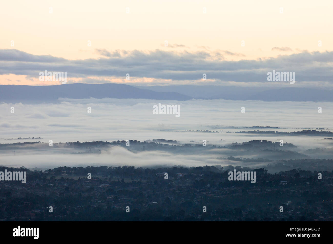 Nebligen Morgen von einer ländlichen Gegend. Stockfoto