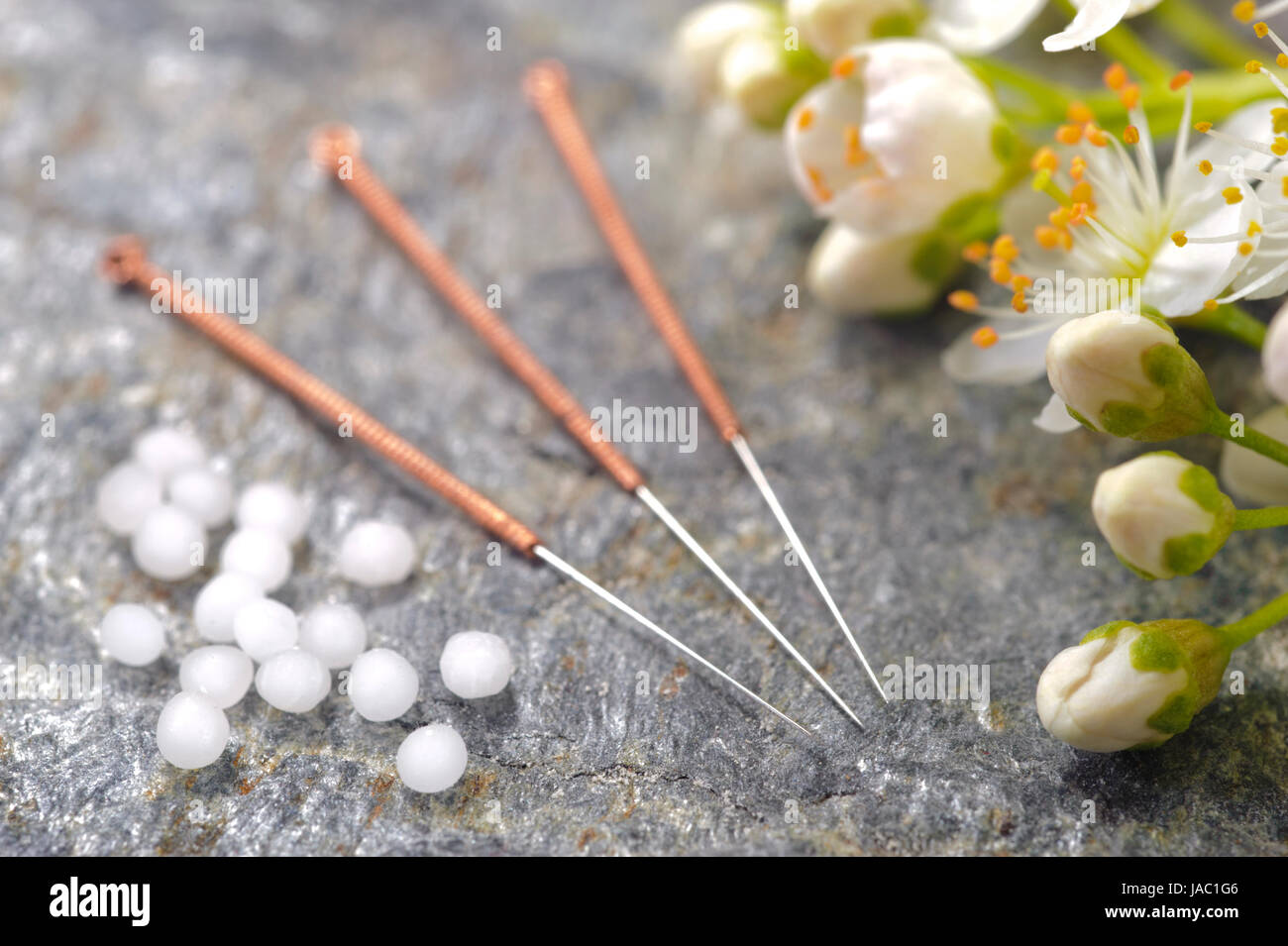 homöopathische Kügelchen und Akupunkturnadeln als Therapie für alternative Medizin Stockfoto