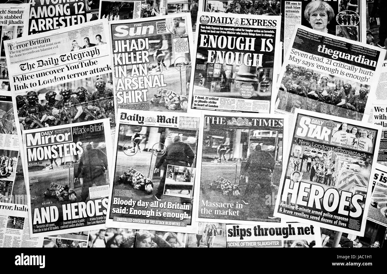 Britische Zeitung Titelseiten Berichterstattung über den Terroranschlag auf die London Bridge und Borough Market in dem 7 Menschen Stockfoto