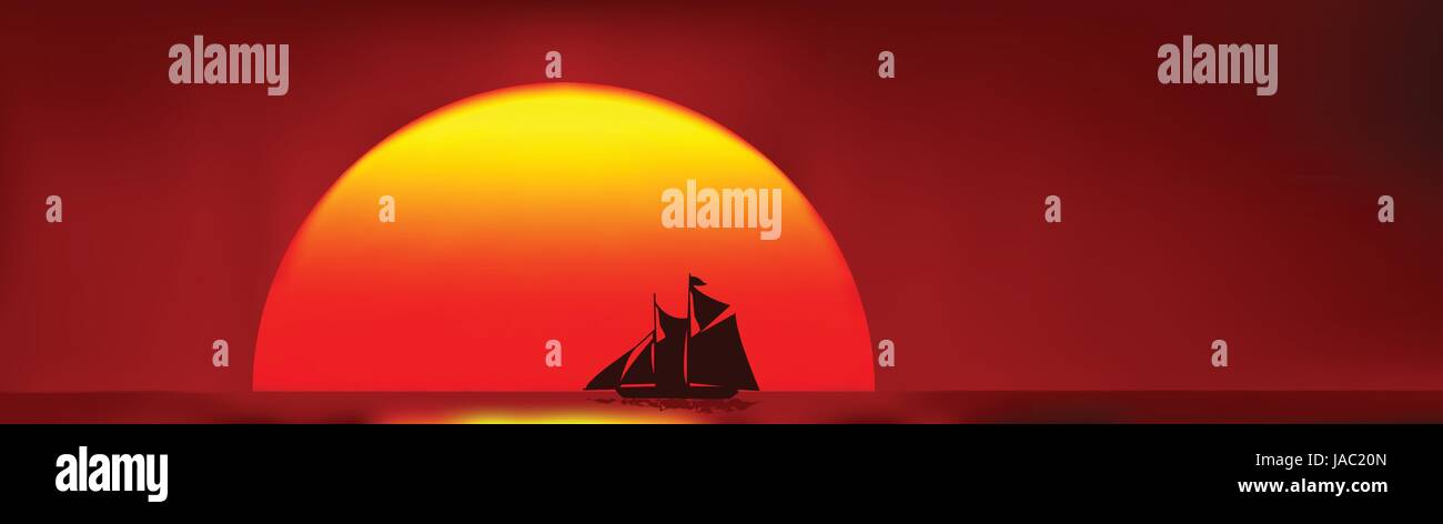 Schöne alte Schiff nach Hause segeln, Silhouette gegen den Sonnenuntergang Stock Vektor
