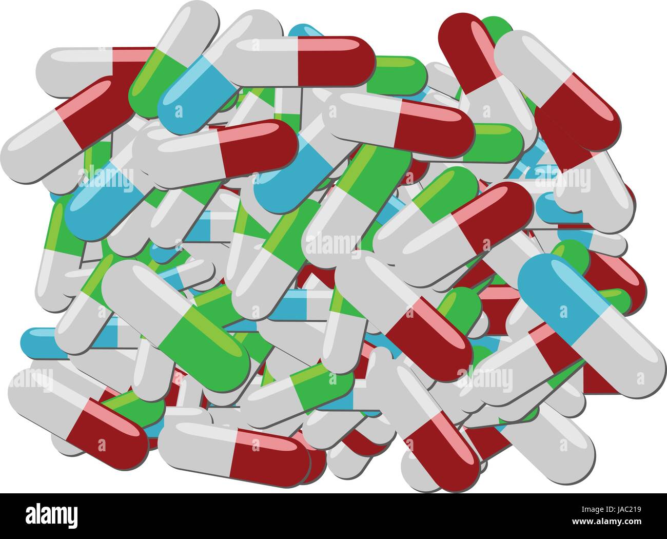 Bunte Pillen der verschiedenen Arten in einem großen Haufen Stock Vektor