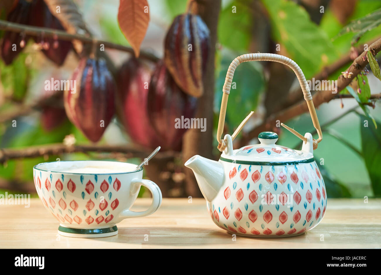 Tasse heiße Schokolade auf Holztisch mit natürlicher Kakao Baumschule Hintergrund Stockfoto