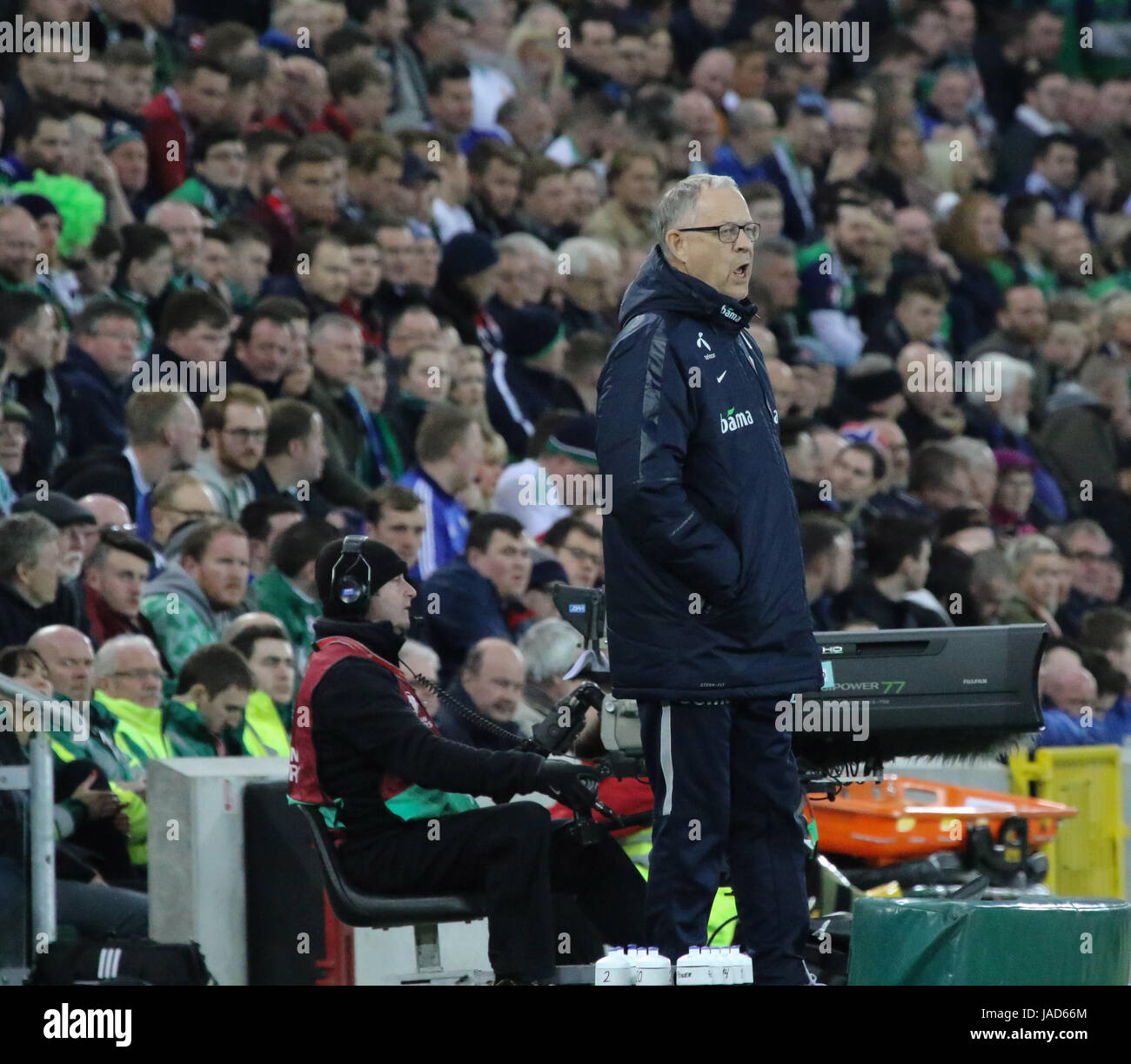 Nationale Fußball-Stadion im Windsor Park, Belfast. 26. März 2017. 2018 World Cup Qualifier - Nordirland 2 Norwegen 0. Norwegen-Trainer Lars Lagerbäck. Dies war Lagerbäcks erste Spiel verantwortlich für Norwegen. Stockfoto