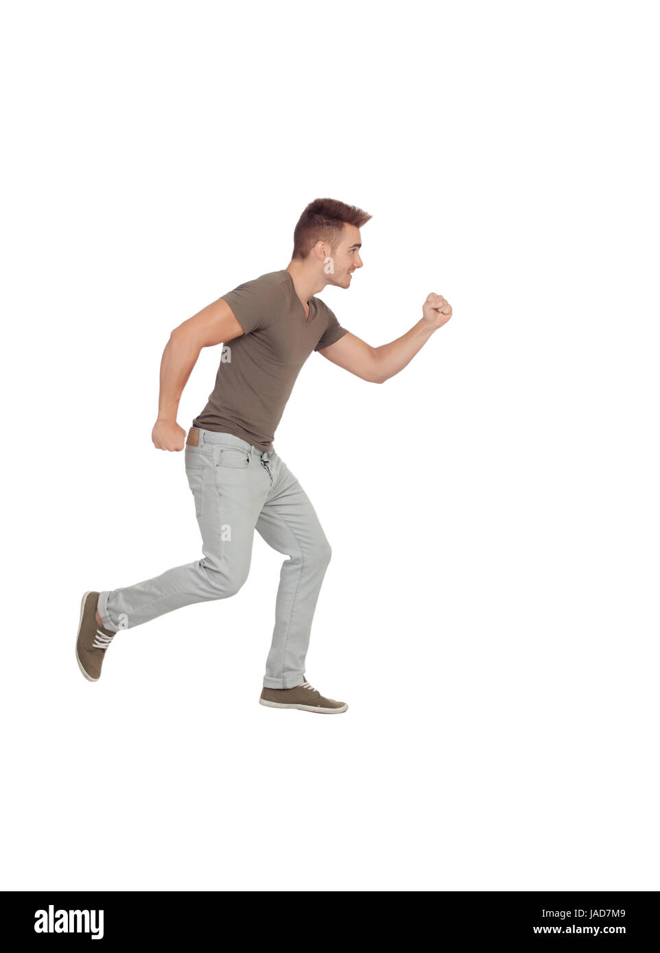 Lässige junge Mann läuft auf einem weißen Hintergrund isoliert Stockfoto