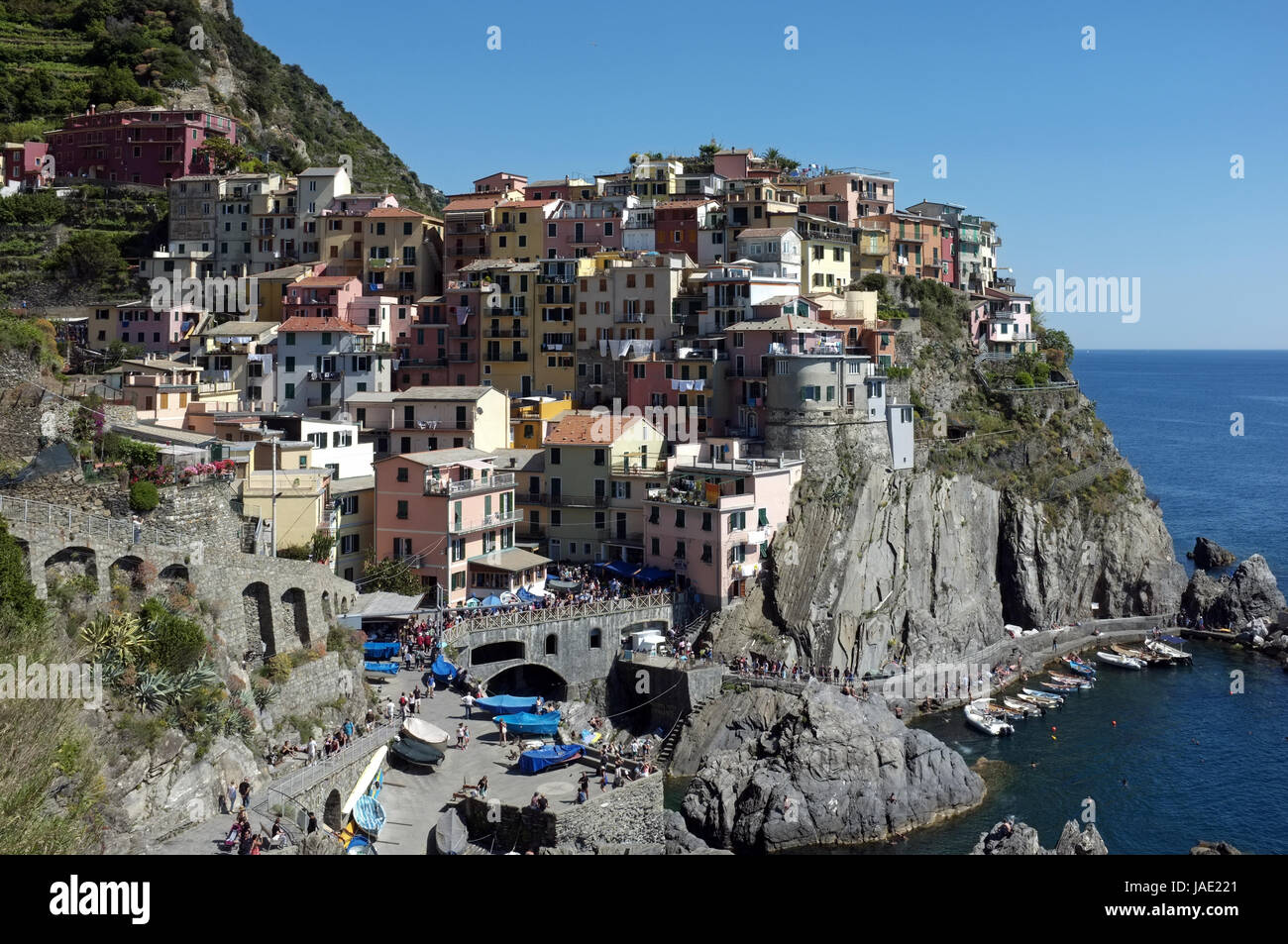 Landschaft des Manrola, hochgelegene Dorf in Ligurien, Cinque Terre, Italien Stockfoto