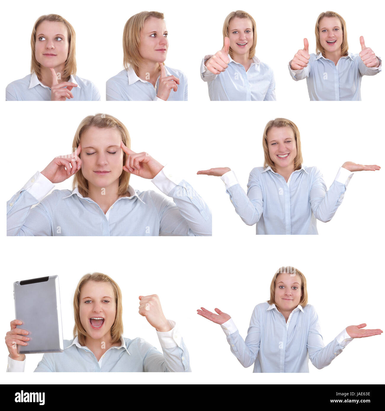 Collage Einer Jungen Frau Mit der Maschinentypen von Verschiedenen Gesten Und Gesichtsausdrücken Stockfoto