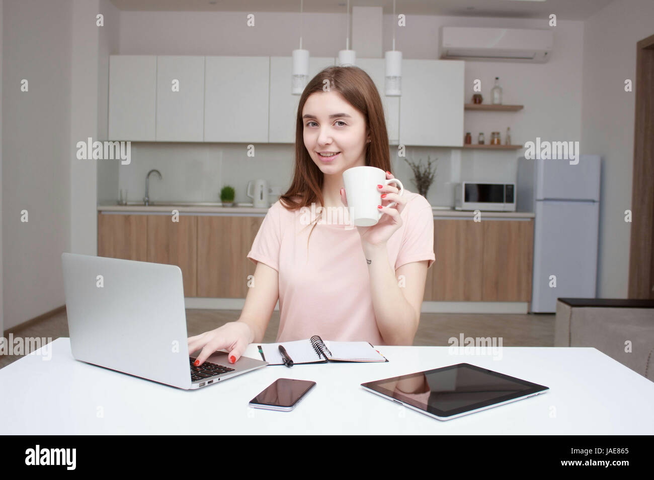 Unternehmer-Frau arbeitet mit einem Laptop zu Hause Stockfoto