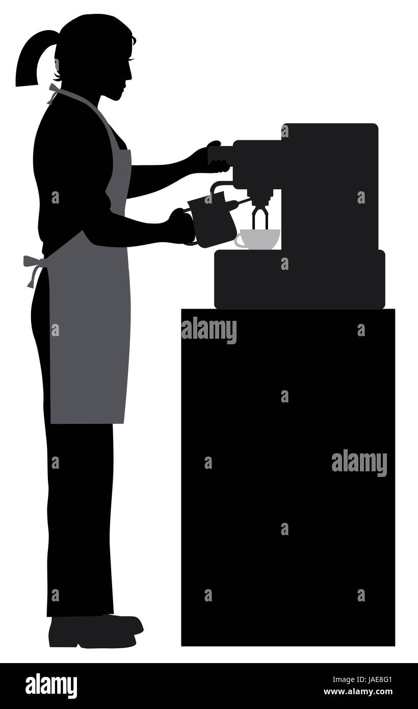 Weibliche Kaffee Barkeeper Barista Silhouette Zubereitung von Espresso und Milch mit Espresso Maschine Illustration dämpfen Stockfoto