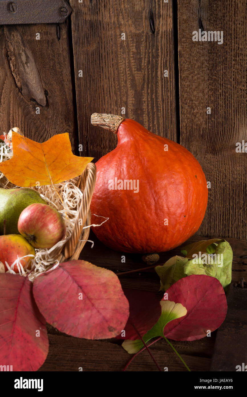 Kürbis Apfel Korb Stockfoto
