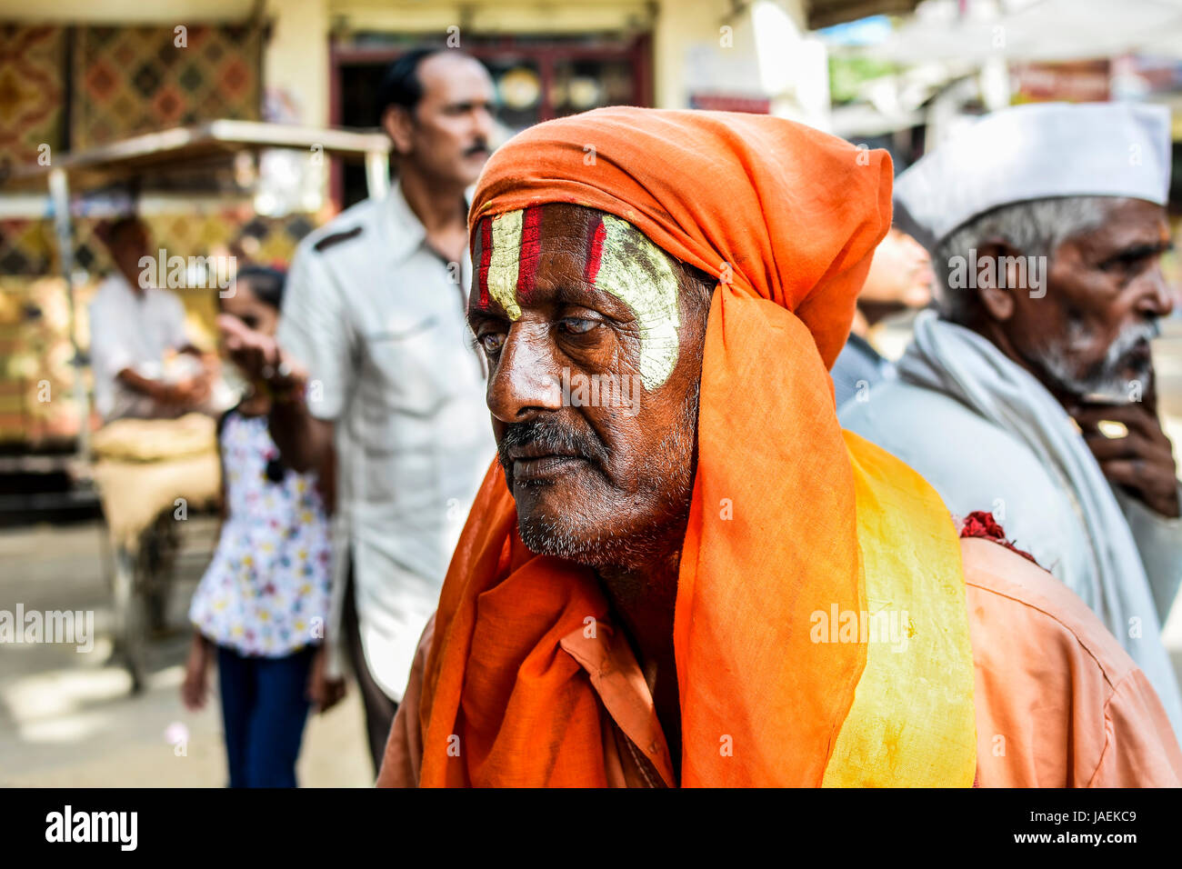 Pushkar, Rajasthan, Indien - 29. Mai 2016: Porträt eines unbekannten Sadhu (Heiliger), auf eine Pilgerreise zu den Heiligen See Pushak Sarovar in der Stadt Stockfoto