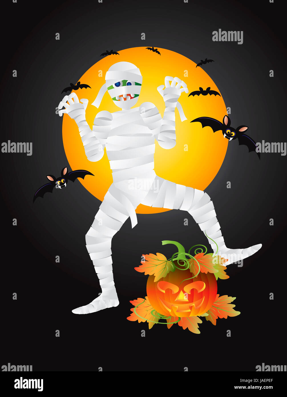 Halloween-Mumie mit geschnitzten Jack-O-Lantern Kürbis mit Mond und Fledermäuse Illustration Stockfoto