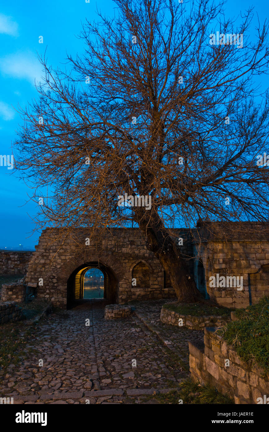 Burgtor mit Blick auf Donau zur blauen Stunde, Kalegdan Festung, Belgrad, Serbien Stockfoto