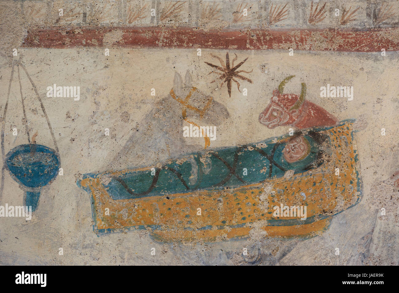 Frankreich, Loir et Cher, Saint Jacques des Guerets, der Kirche Saint Jacques, Fresken, die Geburt Christi Stockfoto