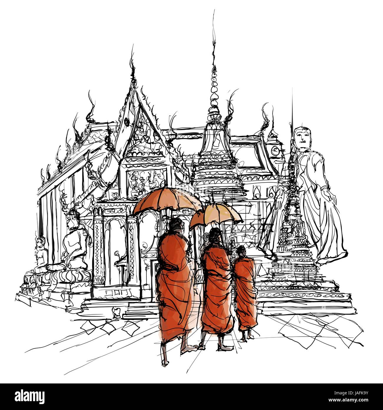 Thailand, Mönche in einem Tempel - Vector Illustration Stock Vektor