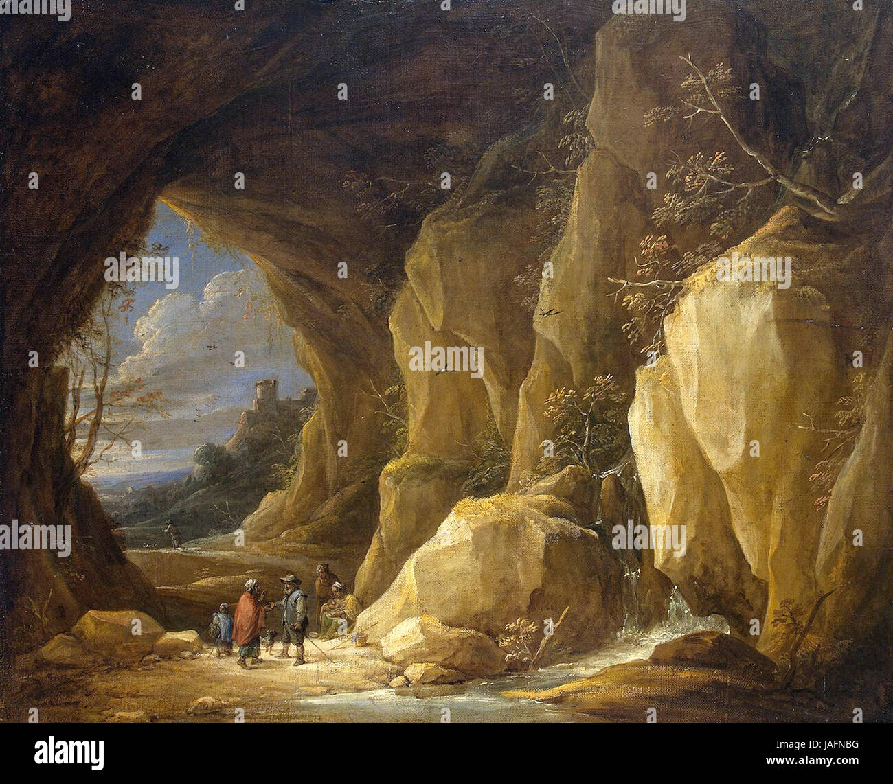 David Teniers der jüngere - Landschaft mit einer Grotte und eine Gruppe der Zigeuner Stockfoto
