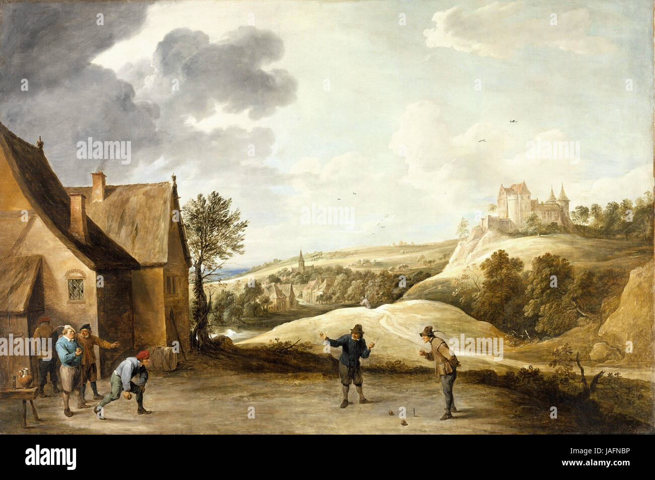 David Teniers der jüngere - Landschaft mit Bauern spielen Schalen vor einem Gasthaus Stockfoto