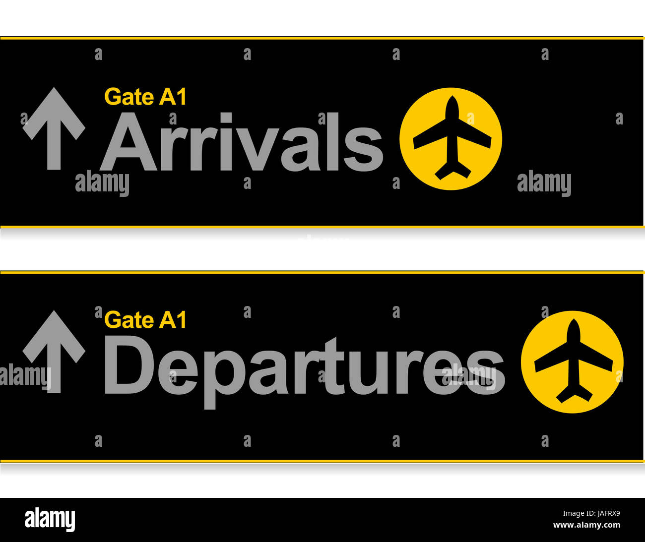 Ankunft und Abflug Flughafen Zeichen isoliert auf einem weißen Hintergrund. Stockfoto