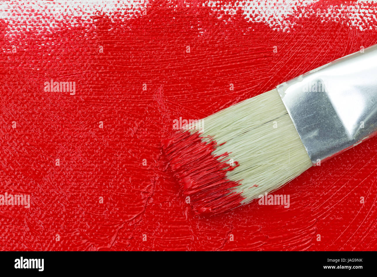 Draufsicht eines Pinsels auf nasse rote Farbe auf eine teilweise bemalte Leinwand. Stockfoto
