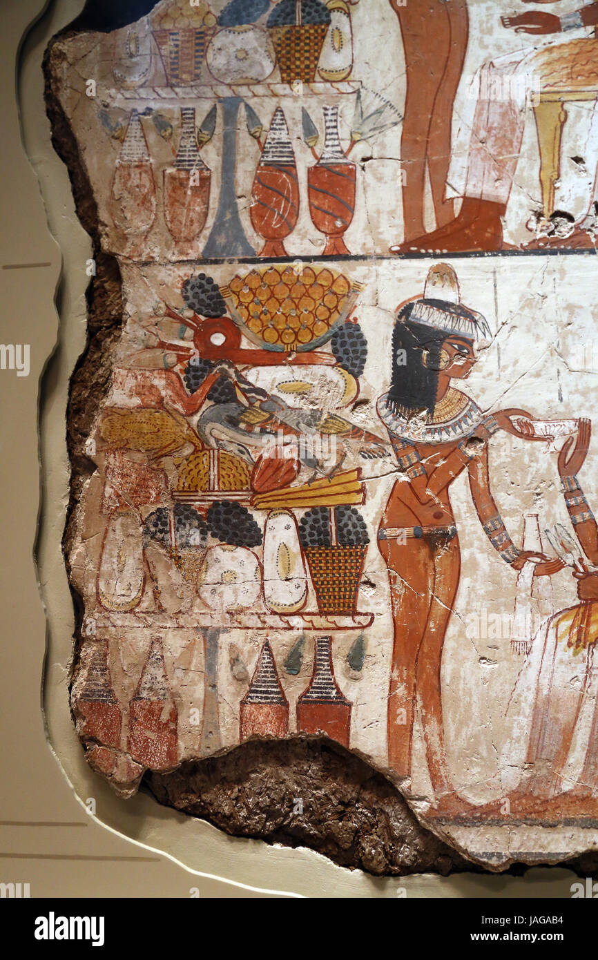 Tom Nebamun (mittleren offiziellen Schreiber). Neue Hostessen von Ägypten. 18. Dynastie. c. 1350 BCE. Grabbeigaben Bankett. Essen und Servnat. British Museum. L Stockfoto