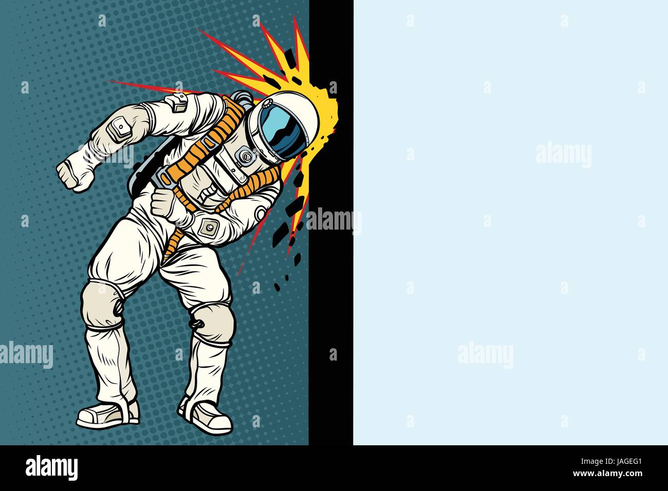 Kosmonaut klopft Kopf an der Wand. Traum der Menschheit. Pop-Art-Retro-Vektor-illustration Stock Vektor
