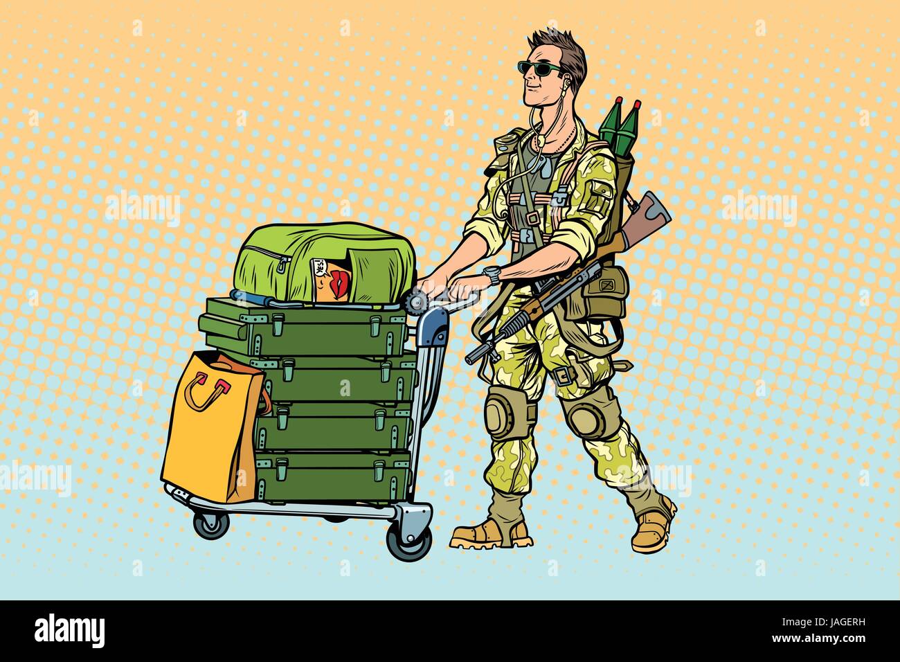 Militärtourismus, der Söldner mit einem Gepäck. Krieg und Soldaten. Pop-Art-Retro-Vektor-illustration Stock Vektor