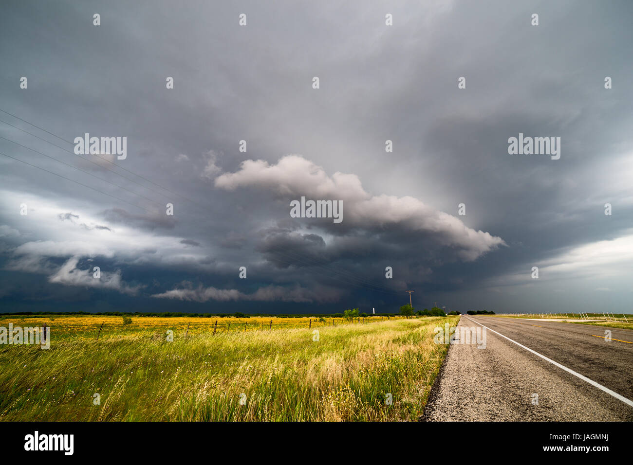 Ein schweres Gewitter mit dunklen Wolken rumpelt über die Ebenen in der Nähe von Rockwood, Texas Stockfoto