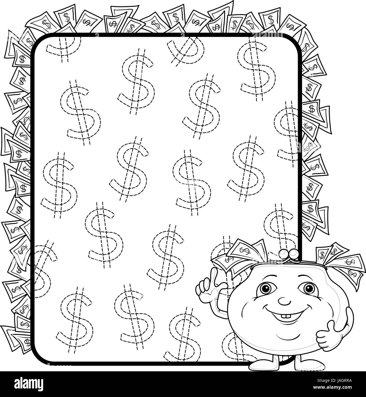 Geldbörse und Poster mit Dollar, Konturen Stock Vektor