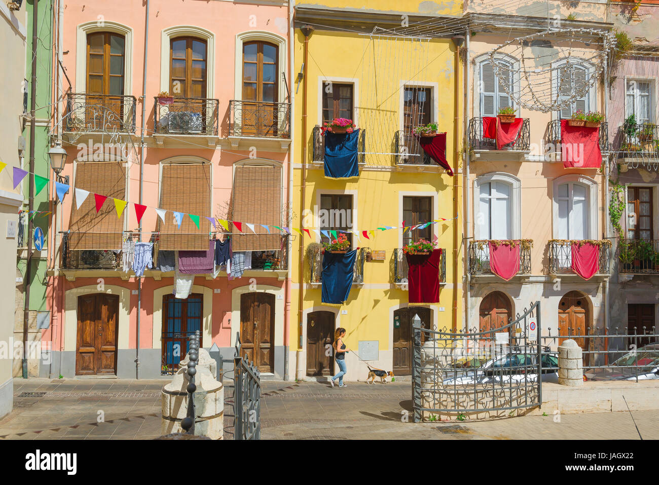 Sardinien Cagliari Farbe, bunte Gebäude im Stadtteil Stampace in Cagliari, Sardinien. Stockfoto