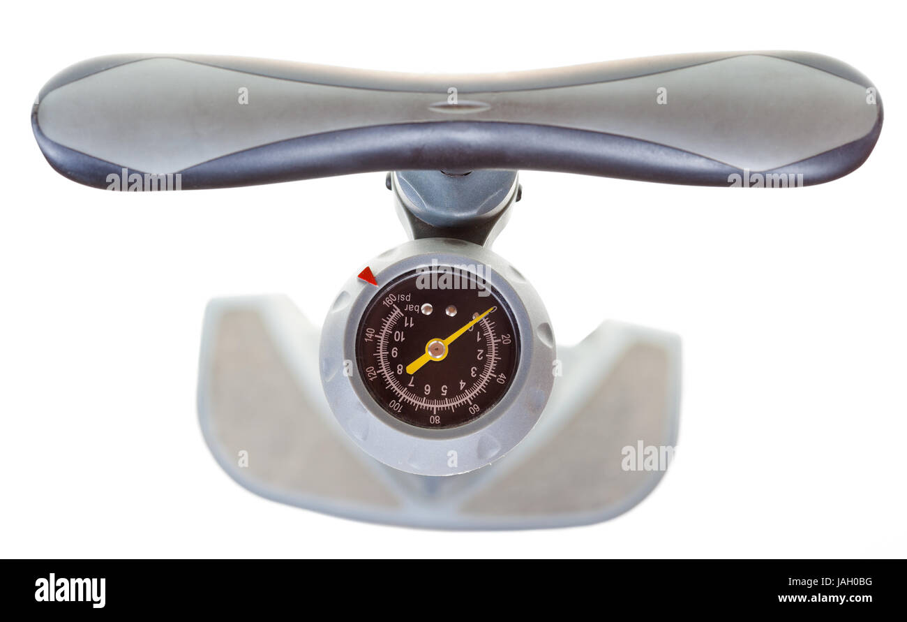 Draufsicht des Luft-Handpumpe mit Manometer isoliert auf weißem Hintergrund Stockfoto
