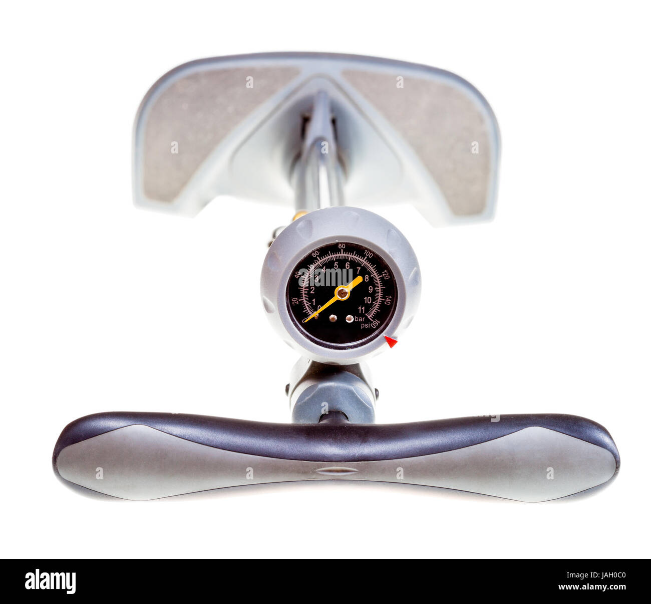Draufsicht des Luft-Handpumpe mit Manometer isoliert auf weißem Hintergrund Stockfoto