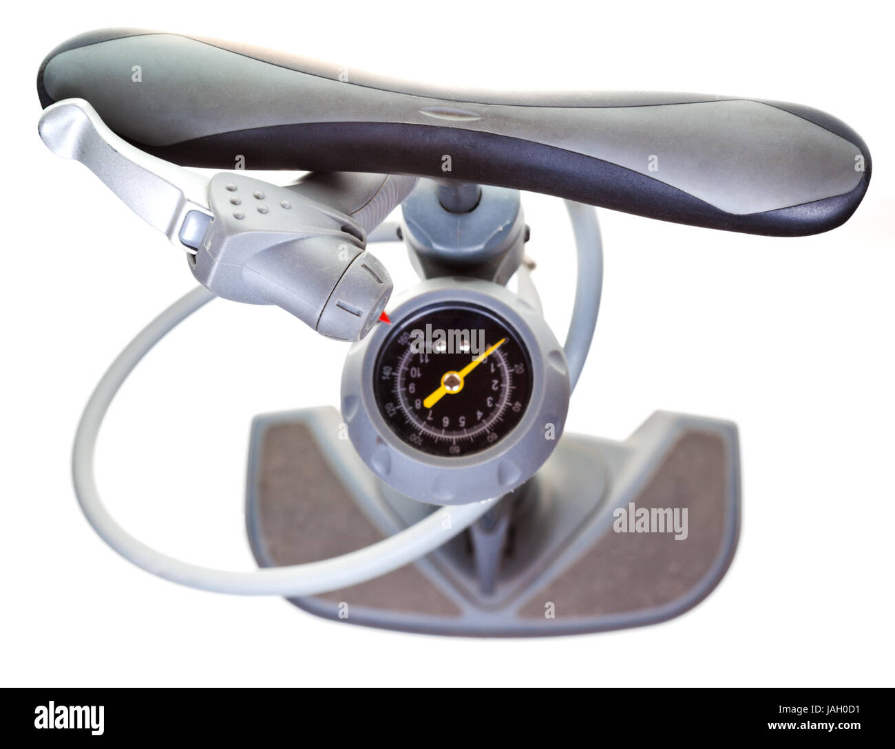 Draufsicht des Luft-Handpumpe mit Ventil und Manometer isoliert auf weißem Hintergrund Stockfoto