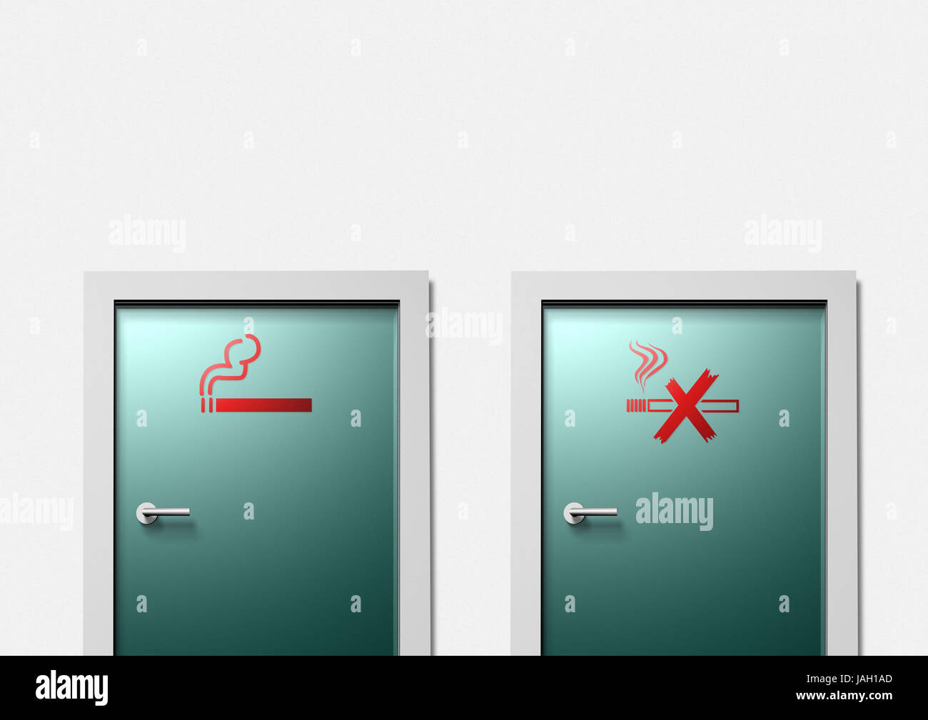Raucher und Nichtraucher Bereich, Zigarette als Symbol auf zwei Türen, Stockfoto