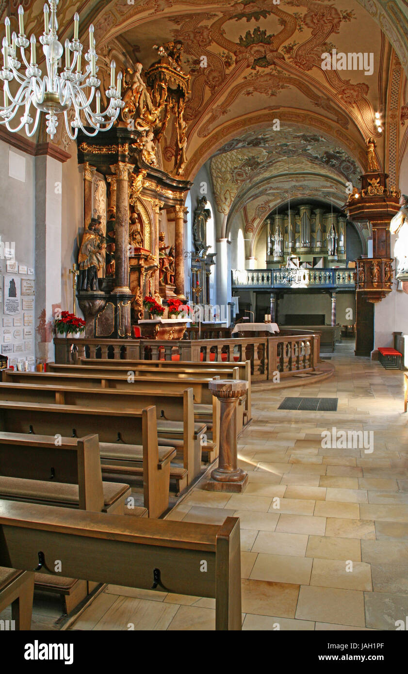 Deutschland, Hessen, Schloss sterben, Wallfahrtskirche, Hochaltar, Orgel, Orgel-Broschüre, Orgelempore, Ort der Pilgerreise, Wallfahrt, Religion, glauben, Anbetung der Jungfrau Maria, Christentum, katholisch, Stockfoto