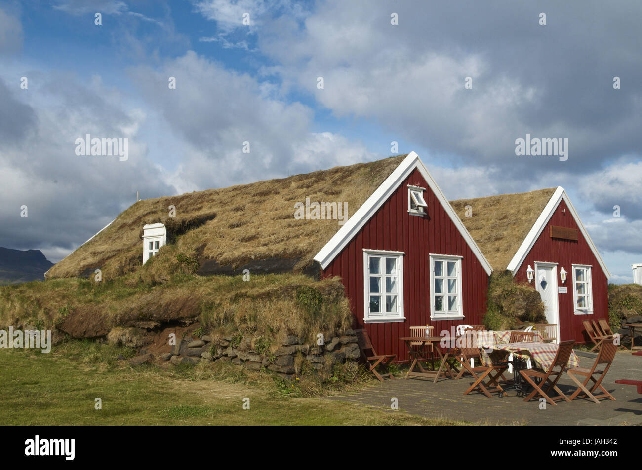 Island, Snaefellsnes Halbinsel, Hellnar, traditionellen Häusern, Terrasse, Pension und Restaurant, Westfjorde, Vestfirðir, Stockfoto